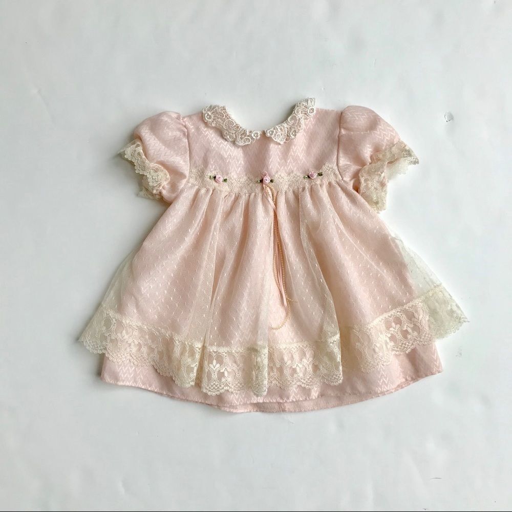 Vintage Jo Lene pink ivory lace rosebud dress 18m